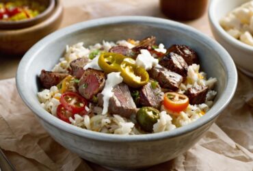 Cheesy Steak & Queso Rice Bowl Recipe