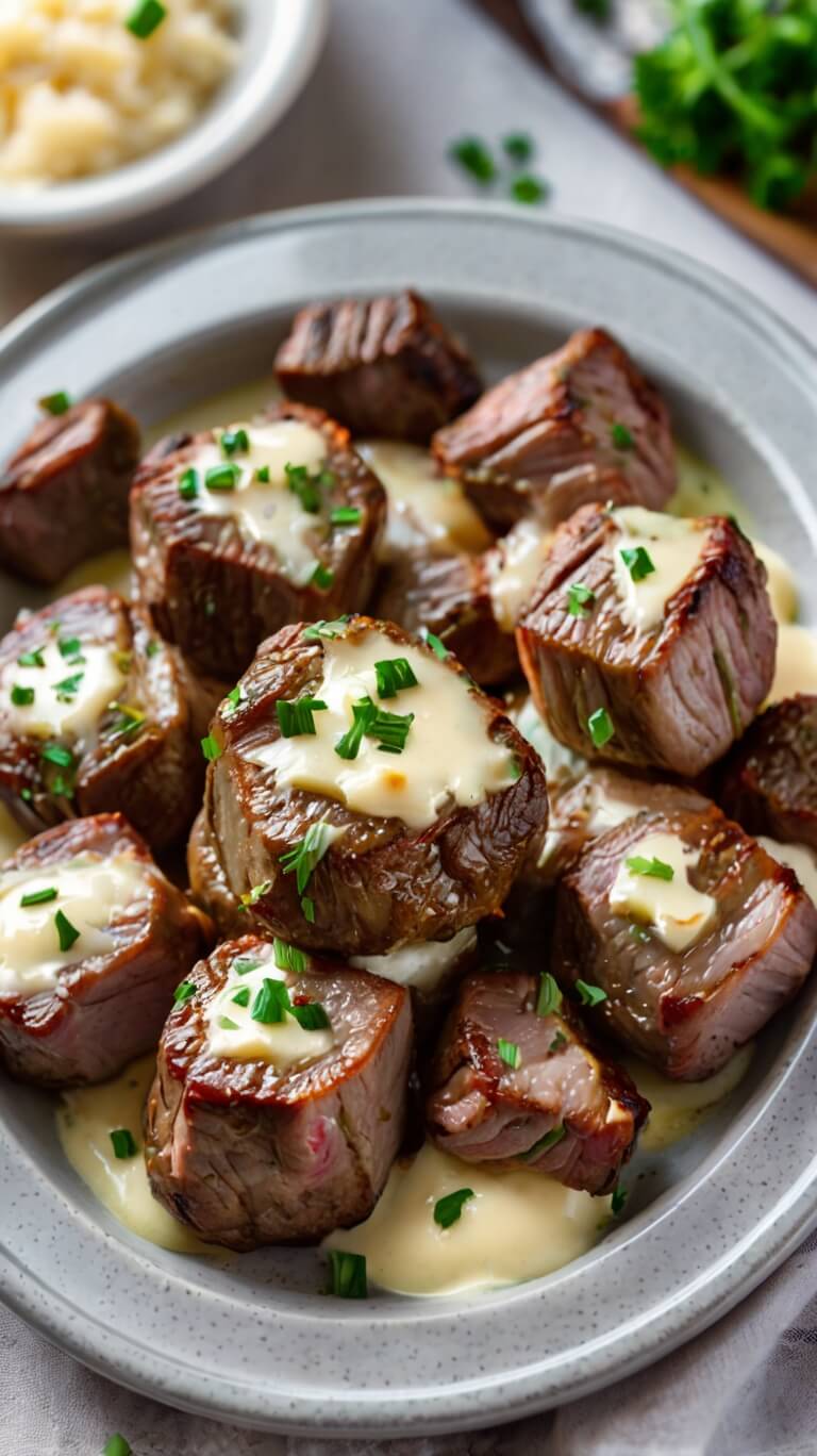 Garlic Butter Steak Bites with Creamy Parmesan Sauce