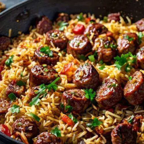 One Pan Sweet and Tangy BBQ Sausage Rice Recipe