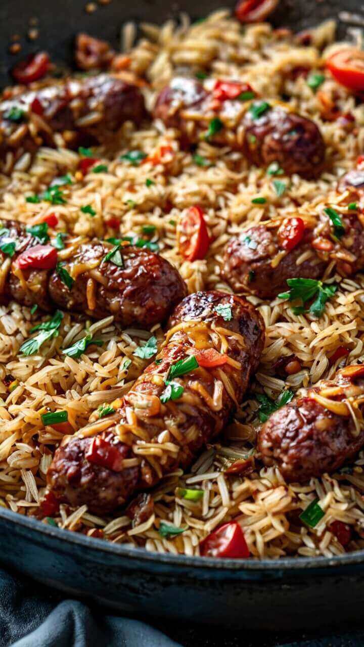 One Pan Sweet and Tangy BBQ Sausage Rice