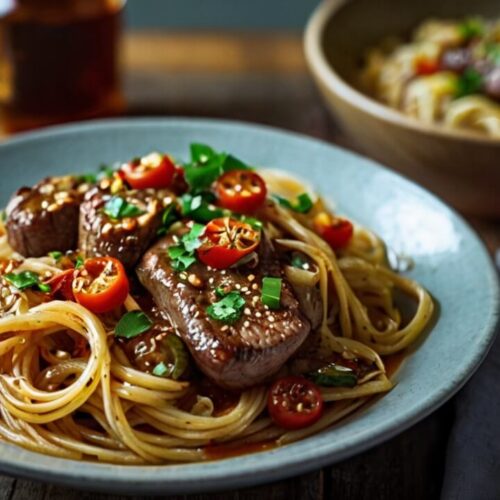 Sweet and Spicy Garlic Steak Pasta with Noodles