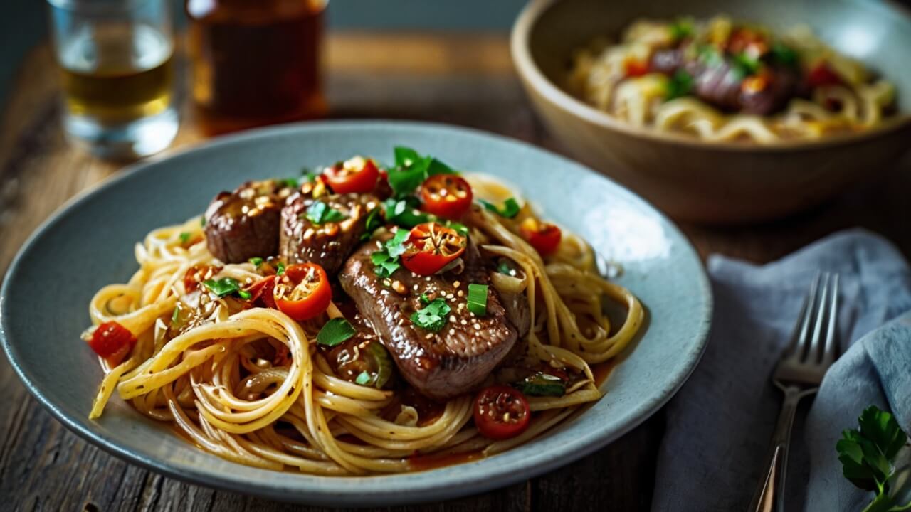 Sweet and Spicy Garlic Steak Pasta with Noodles
