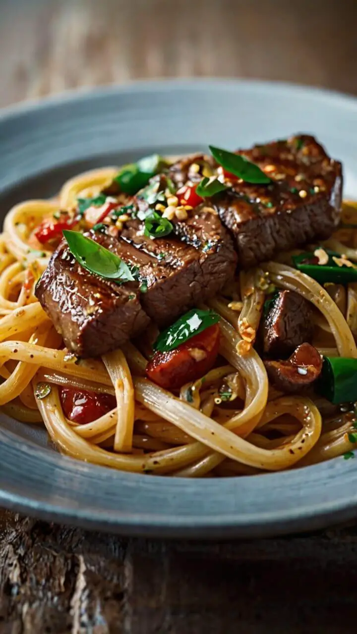 Sweet and Spicy Garlic Steak Pasta with Noodles